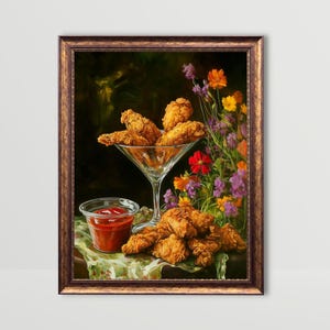 Spiegelhuhn | Skurrile Essenswandkunst, stimmungsvolle Küchendruckerei, lustige Snackdrucke, lustige Stilllebenmalerei Barwagenkunst, ausgefallene Martini-Glaskunst