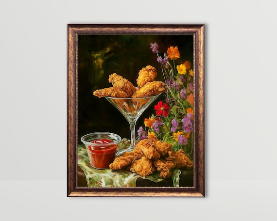 Fried Chicken | Whimsical Food Wall Art, Moody Kitchen Print Fun Snack Prints Funny Still Life Painting Bar Cart Art Fancy Martini Glass Art