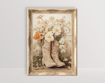 Stivali da cowgirl / Stampa Boho Cottagecore, Arte della parete occidentale neutra, Pittura floreale vintage, Arredamento della camera estetica della fattoria Cowboots stampabile