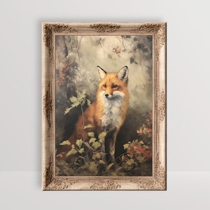 Fox | Cottagecore Print, Forest Animal Vintage Oil Painting, Botanical Wall Art, Whimsical Fox Poster Victorian Aesthetic Woodland Printable