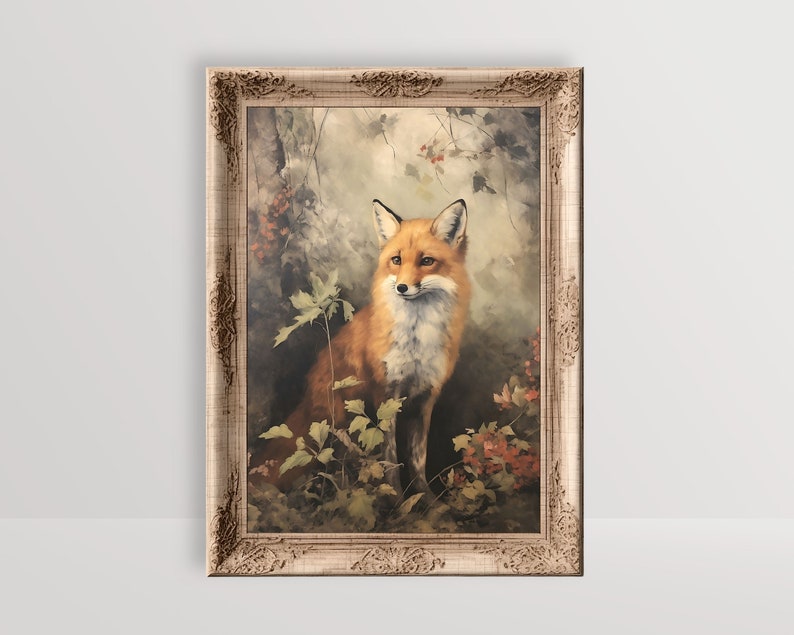 Fox | Cottagecore Print, Forest Animal Vintage Oil Painting, Botanical Wall Art, Whimsical Fox Poster Victorian Aesthetic Woodland Printable image 1