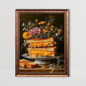 Grilled Cheese | Kitchen Wall Art, Funny Food Poster, Dining Room Decor, Fun Still Life Painting, Whimsical Cheese Print (Digital Download)