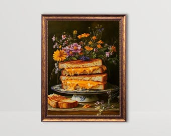 Grilled Cheese | Kitchen Wall Art, Funny Food Poster, Dining Room Decor, Fun Still Life Painting, Whimsical Cheese Print (Digital Download)