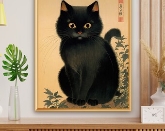 Japanese Cat Poster, Black Cat Art Printable, Animal Wall Art