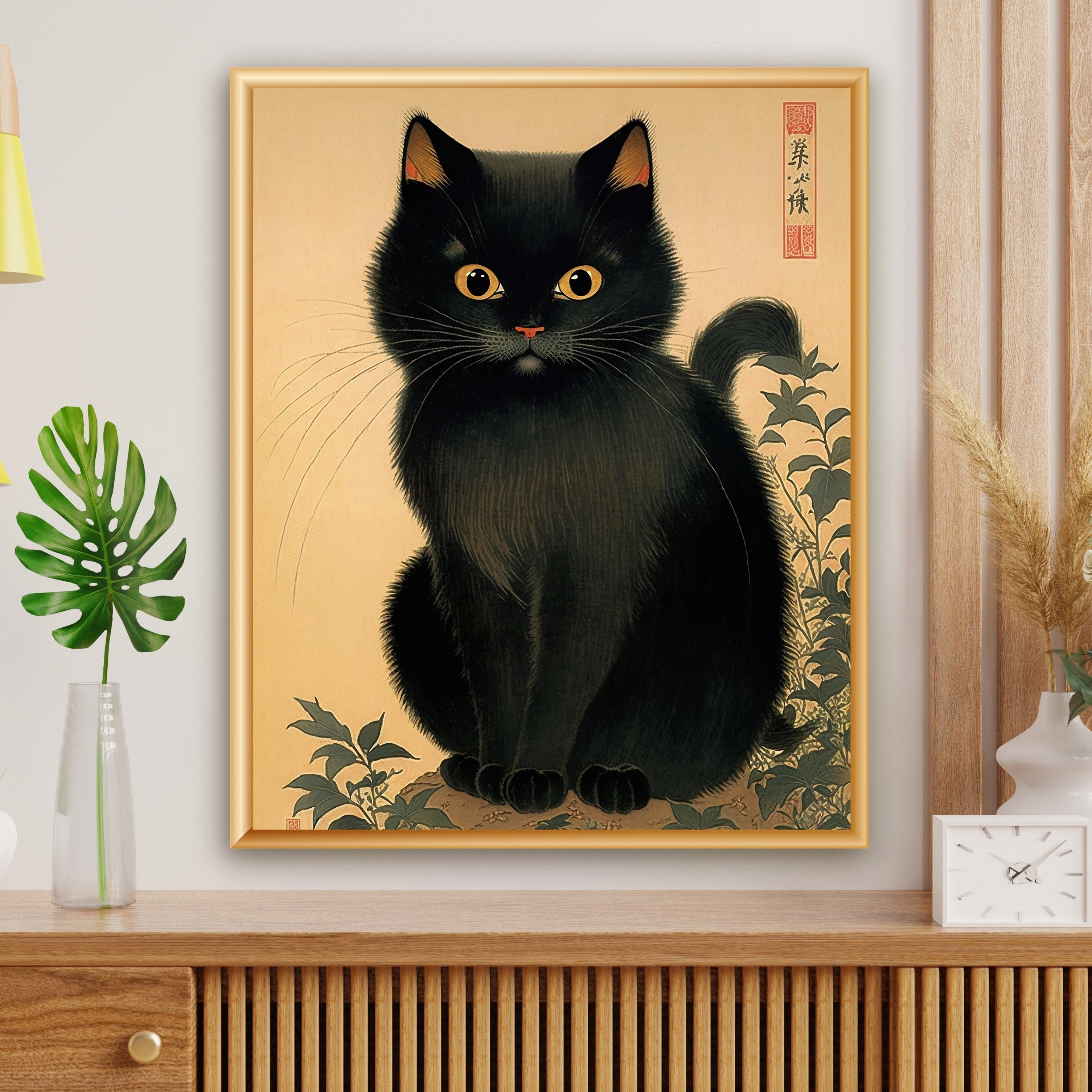 Japanese Cat Poster, Black Cat Art Printable, Animal Wall