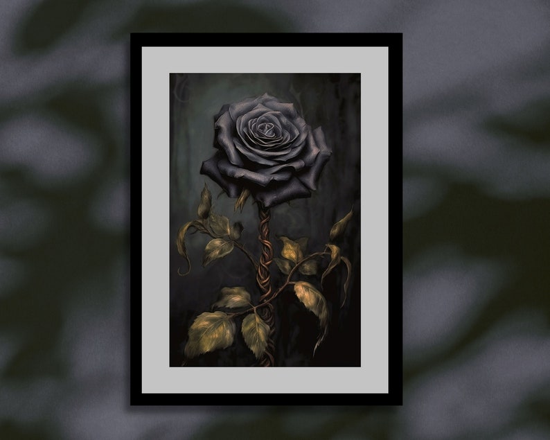 May include: A single black rose with dark green leaves and a twisted, brown stem. The rose is set against a dark, textured background.
