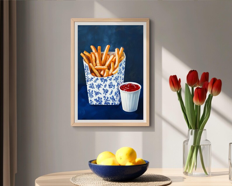 trendy blue prints,blue kitchen prints,fast food art,dorm wall decor,retro wall art,french fries art,french fries painting,funny snack prints,kitchen wall art,food wall art,funny food prints,fun kitchen art,still life wall art,still life painting,bar cart decor,moody kitchen decor,dark kitchen art,kitchen wall decor, moody kitchen print, moody kitchen art,food art print,fun kitchen art, still life prints,bar cart print,bar cart art,funny kitchen art,foodie wall art,nautical wall art