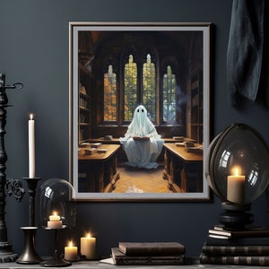 ghost in library cute ghost art, spooky wall art, adorable creepy ghost painting, whimsigoth print, victorian gothic vintage poster, gothic room decor, goth wall art, dark academia prints,halloween sheet ghost printable, bookish ghost booklover gift