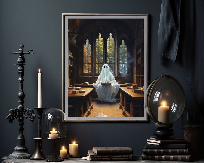 ghost in library cute ghost art, spooky wall art, adorable creepy ghost painting, whimsigoth print, victorian gothic vintage poster, gothic room decor, goth wall art, dark academia prints,halloween sheet ghost printable, bookish ghost booklover gift