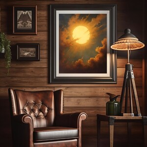 May include: A brown leather armchair with a tufted back and seat sits in a room with wood paneling. A framed painting of a sun shining through clouds hangs on the wall above the chair. A floor lamp with a black shade stands next to a small wooden table.