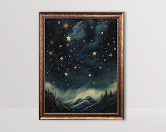 May include: A framed painting of a dark blue night sky with gold stars and clouds over a dark green mountain range. The painting is in a gold frame.
