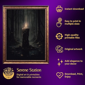 Pode incluir: Uma impress&atilde;o de arte digital de uma vela acesa em uma floresta escura. A vela est&aacute; pingando cera e a floresta est&aacute; cheia de neblina. A impress&atilde;o est&aacute; dispon&iacute;vel para download instant&acirc;neo e &eacute; perfeita para adicionar um toque de mist&eacute;rio &agrave; decora&ccedil;&atilde;o da sua casa.