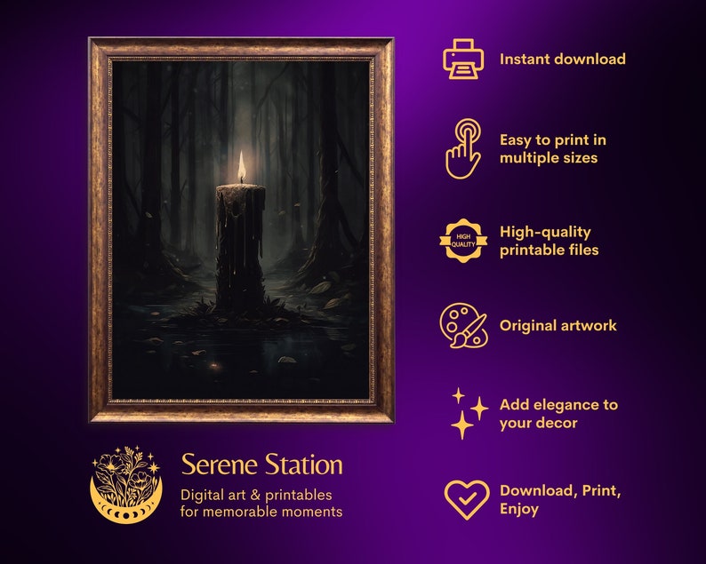 Pode incluir: Uma impress&atilde;o de arte digital de uma vela acesa em uma floresta escura. A vela est&aacute; pingando cera e a floresta est&aacute; cheia de neblina. A impress&atilde;o est&aacute; dispon&iacute;vel para download instant&acirc;neo e &eacute; perfeita para adicionar um toque de mist&eacute;rio &agrave; decora&ccedil;&atilde;o da sua casa.