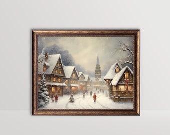 Winter Village Christmas Market | Holiday Wall Art, Festive Home Decor, Vintage Oil Painting, Rustic Winter Landscape Print, Snow Printable