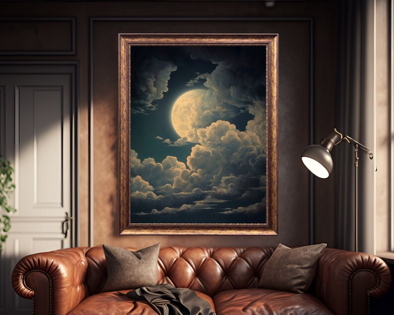 Moon and Clouds | Antique Celestial Wall Art, Moody Night Sky Painting ...