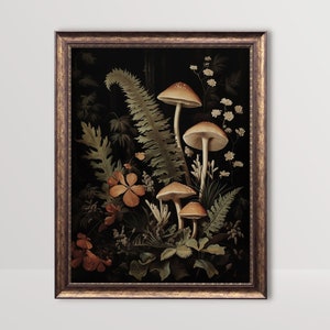 Botanische Pilze | Dark Cottagecore Print, stimmungsvolle Wandkunst, Vintage Poster grün Hexe Dekor, Goblincore Ästhetik, Wald Farne printable
