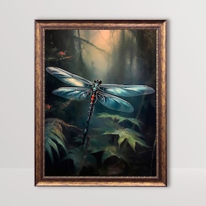 Libellule | Impression botanique noire, peinture à l'huile vintage imprimable, cadeau d'art d'insecte d'insecte, décor sombre de cottagecore, art de mur de nature Moody