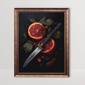 May include: A still life painting depicting a knife and two halved blood oranges against a dark backdrop. The knife features a silver blade with elaborate designs and a black handle. The oranges are a vivid orange colour with red flesh.