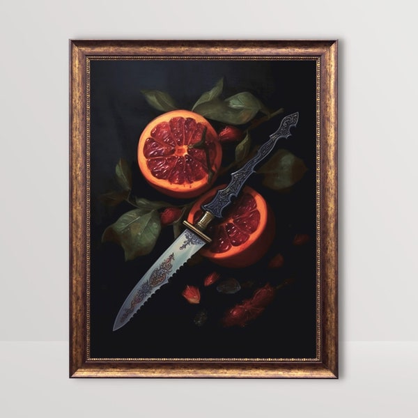 Dagger Sword and Blood Orange | Gothic Home Decor, Dark Botanical Painting, Cottagecore Print, Witch Kitchen Decor, Goth Wall Art Printable