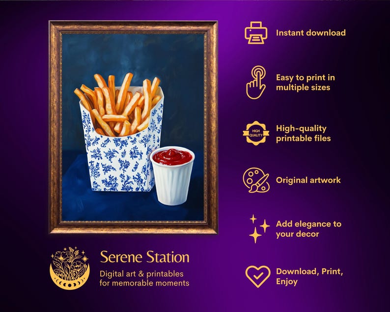 trendy blue prints,blue kitchen prints,fast food art,dorm wall decor,retro wall art,french fries art,french fries painting,funny snack prints,kitchen wall art,food wall art,funny food prints,fun kitchen art,still life wall art,still life painting,bar cart decor,moody kitchen decor,dark kitchen art,kitchen wall decor, moody kitchen print, moody kitchen art,food art print,fun kitchen art, still life prints,bar cart print,bar cart art,funny kitchen art,foodie wall art,nautical wall art