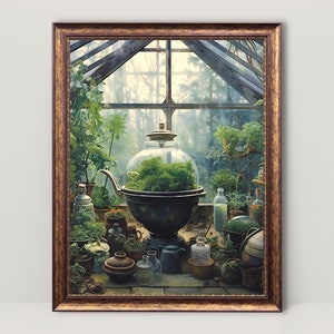 Gewächshaus Apotheke | Dark Academia Druck, botanische Wandkunst, antikes Ölgemälde, Cottagecore ästhetisch, Hexenraum Dekor druckbare Kunst
