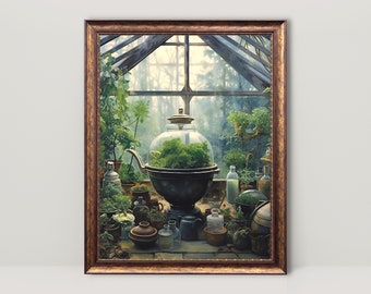 Greenhouse Apothecary | Dark Academia Print, Botanical Wall Art, Antique Oil Painting, Cottagecore Aesthetic, Witch Room Decor Printable Art