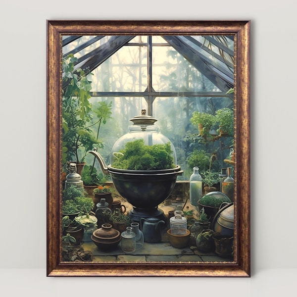 Greenhouse Apothecary | Dark Academia Print, Botanical Wall Art, Antique Oil Painting, Cottagecore Aesthetic, Witch Room Decor Printable Art