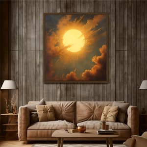 May include: A framed painting of a bright yellow sun shining through clouds in a blue sky. The sun is in the center of the image and is surrounded by clouds. The painting is in a brown frame and is hanging on a wooden wall.