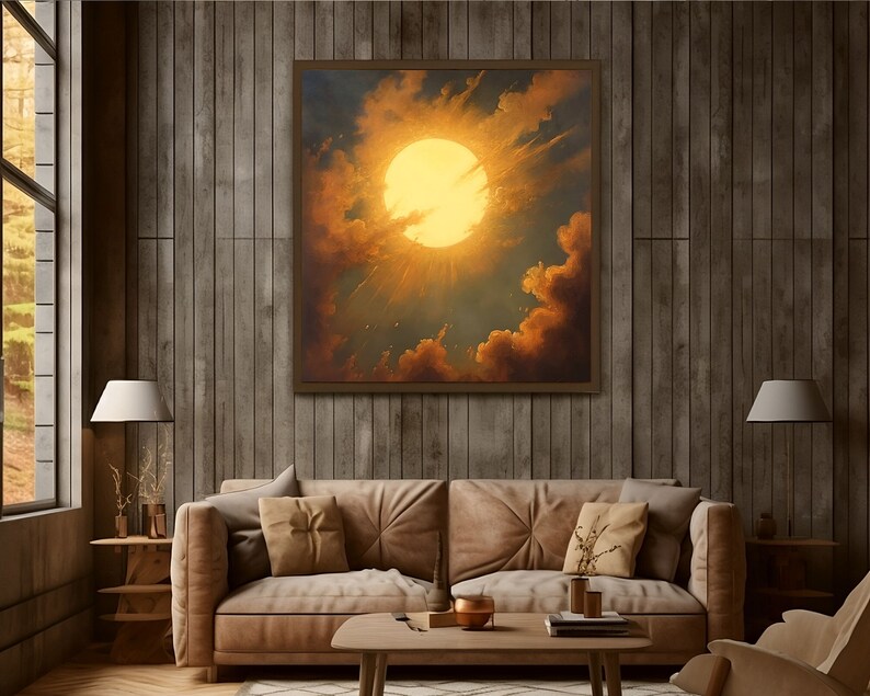 May include: A framed painting of a bright yellow sun shining through clouds in a blue sky. The sun is in the center of the image and is surrounded by clouds. The painting is in a brown frame and is hanging on a wooden wall.