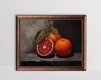 Blutorange | Stimmungsvolles Obst Druck, Vintage Zitrus Gothic Stillleben Ölgemälde, dunkle Küche Wandkunst, rustikale Bauernhaus Dekor druckbare Kunst