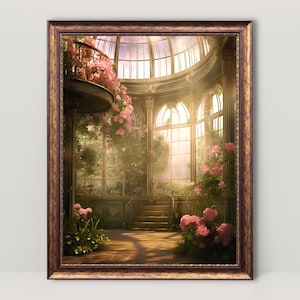 Victorian Conservatory Greenhouse Vintage Oil Painting, Renaissance Aesthetic, Coquette Room Decor, Light Academia Wall Art, Fairycore Print image 1