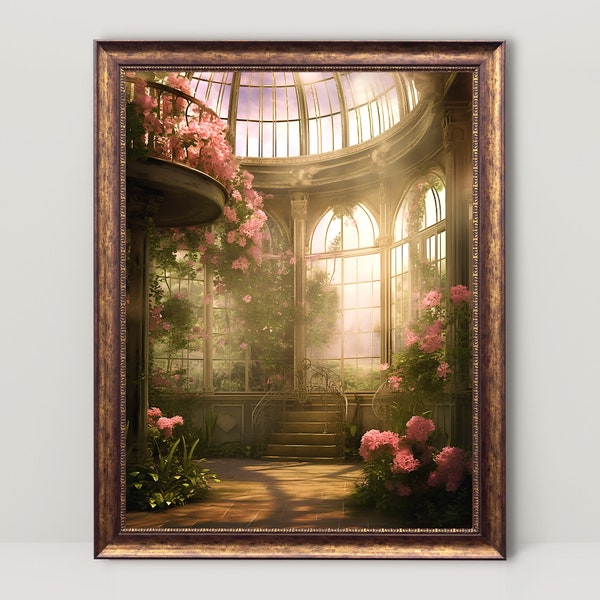 Victorian Conservatory Greenhouse Vintage Oil Painting, Renaissance Aesthetic, Coquette Room Decor, Light Academia Wall Art, Fairycore Print
