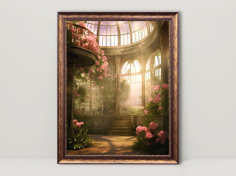 Victorian Conservatory Greenhouse Vintage Oil Painting, Renaissance Aesthetic, Coquette Room Decor, Light Academia Wall Art, Fairycore Print image 1