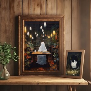 ghost with books botanical coffee shop bookstore,spooky adorable creepy art oil painting,whimsigoth gothic ghost poster,goth cottagecore wall art, dark academia halloween prints, sheet ghost library cute creepy printable,bookish ghost, booklover gift