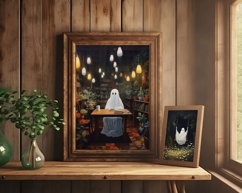 ghost with books botanical coffee shop bookstore,spooky adorable creepy art oil painting,whimsigoth gothic ghost poster,goth cottagecore wall art, dark academia halloween prints, sheet ghost library cute creepy printable,bookish ghost, booklover gift