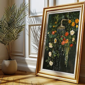 bathroom wall art,bath wall decor,shower print, shower painting, dark green wall art,bathtub wall art,floral bathroom art, botanical shower wall art, moody wall art, vintage oil painting, laundry wall decor, cottagecore decor, dark cottagecore art