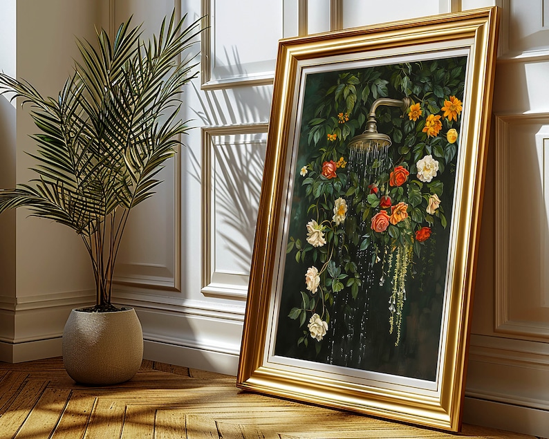 bathroom wall art,bath wall decor,shower print, shower painting, dark green wall art,bathtub wall art,floral bathroom art, botanical shower wall art, moody wall art, vintage oil painting, laundry wall decor, cottagecore decor, dark cottagecore art
