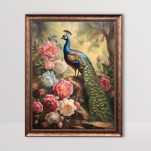 Vintage pauw en pioenrozen kunst | Coquette Room Decor, Victoriaanse dierlijke olieverfschilderij, antieke bloemenvogel afdrukbaar, barokke esthetiek