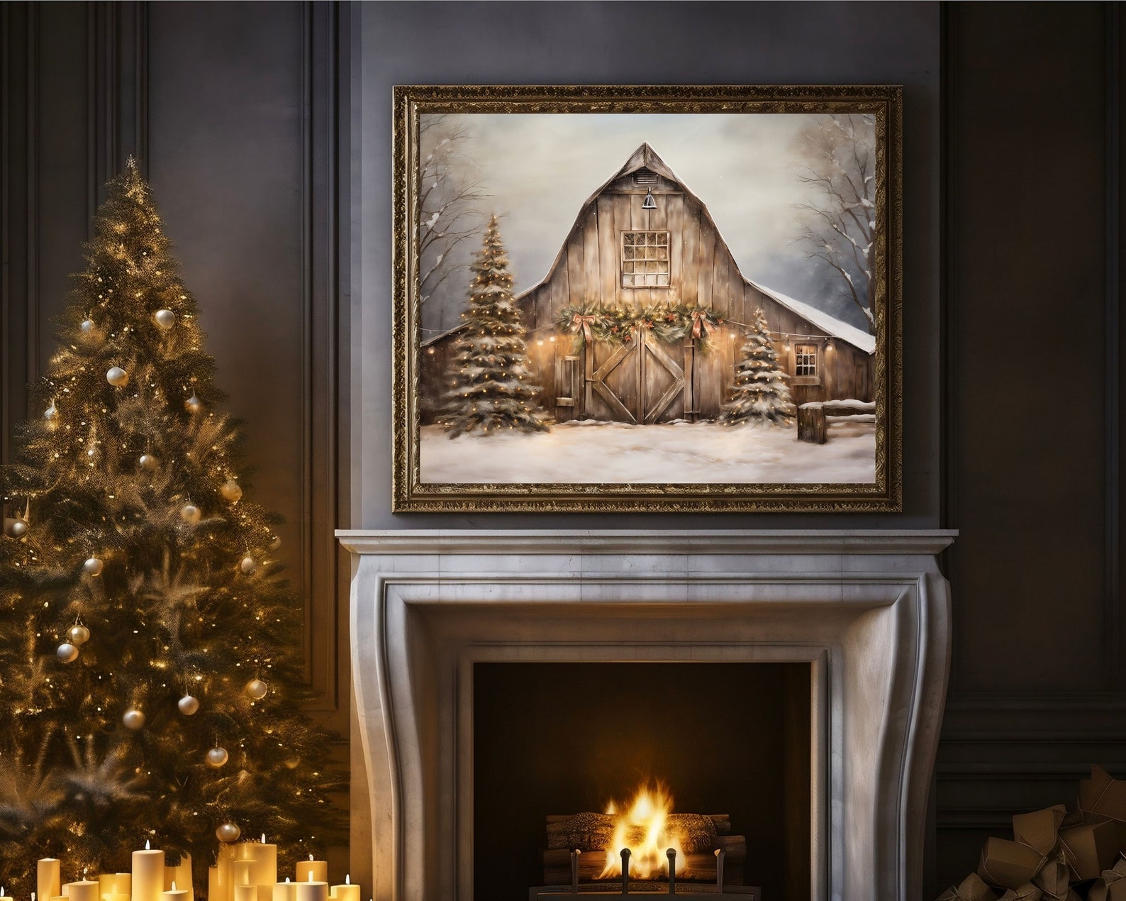 Christmas Farm Rustic Barn | Farmhouse Winter Landscape Painting ...