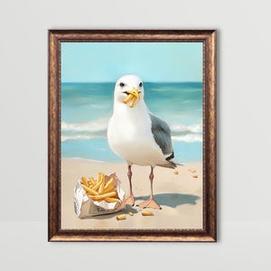 Arte mural de gaviota con papas fritas/playa, linda decoración de cocina costera, impresiones de comida divertidas, arte imprimible junto al mar, impresión de refrigerio divertido, pintura de papas fritas