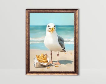 Seagull French Fries | Beach Wall Art Cute Coastal Kitchen Decor Funny Food Prints Seaside Printable Art Fun Snack Print French Fry Painting