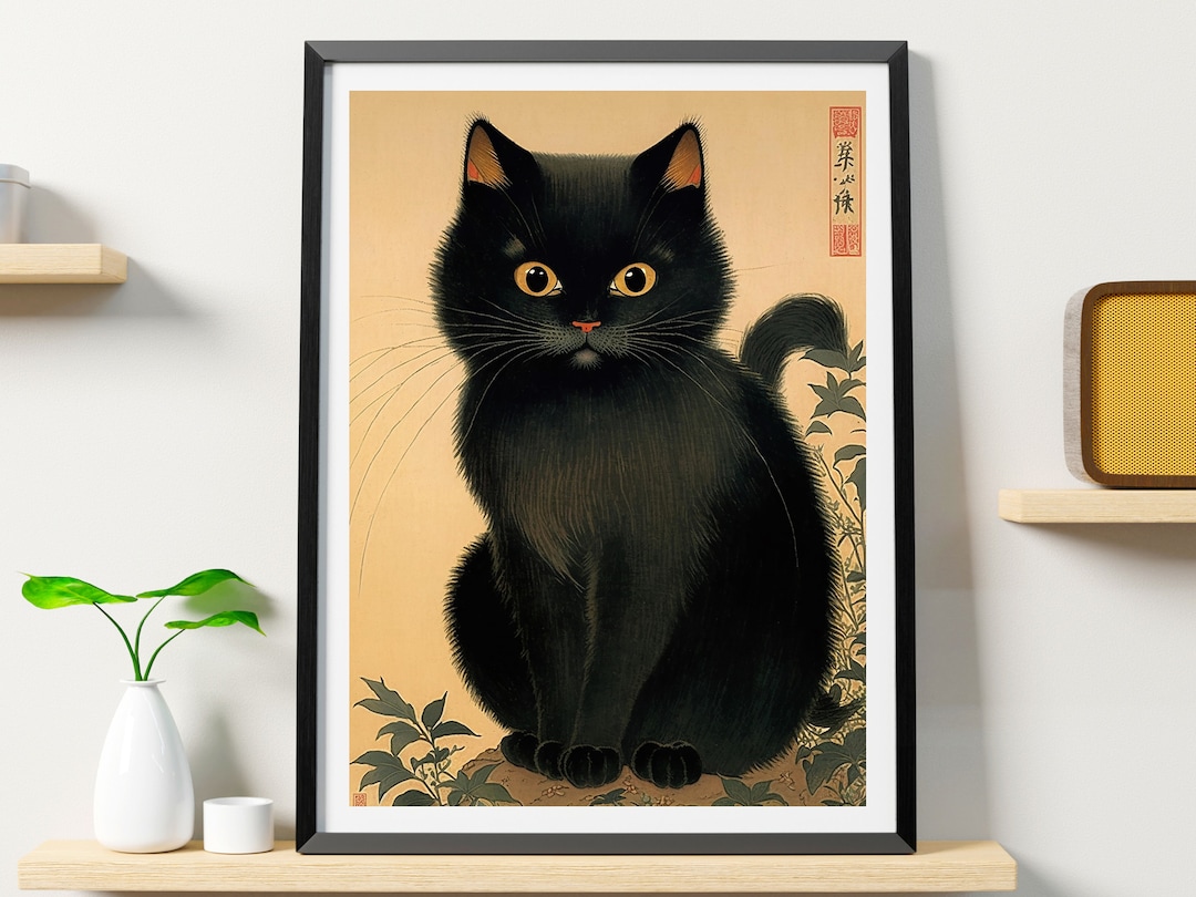 Japanese Cat Poster, Black Cat Art Printable, Animal Wall Art