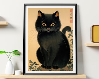 Japanese Cat Poster, Black Cat Art Printable, Animal Wall Art Decor, Animal Print, Cat Lovers Gift, Black Cat Poster, Oriental Art, Cat Gift