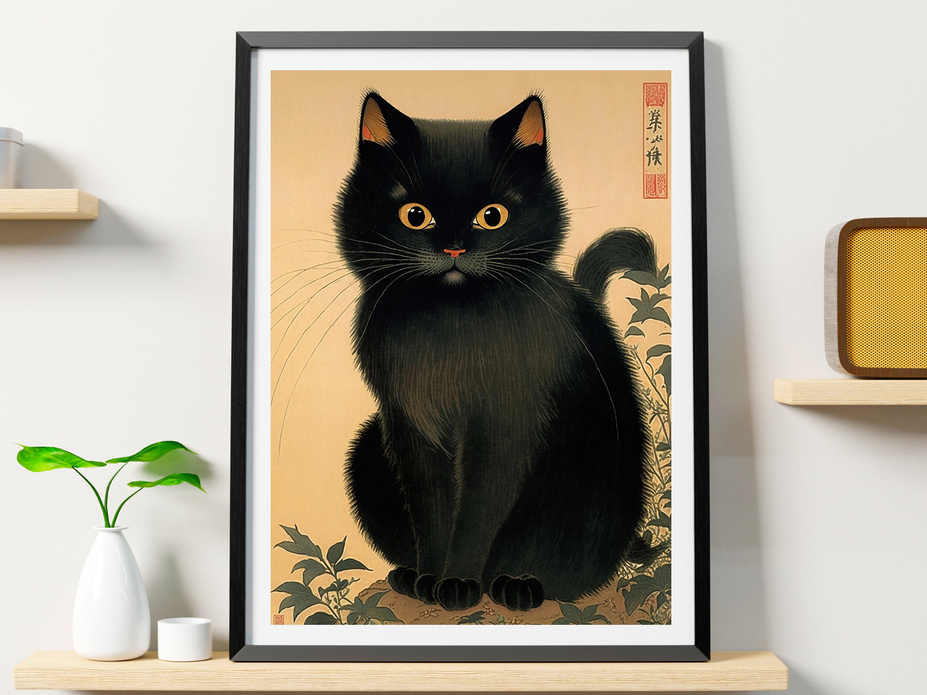 Japanese Cat Poster, Black Cat Art Printable, Animal Wall Art