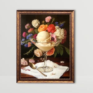 IJs in martiniglas | Dessert muurkunst leuk keukendecor humeurig kleurrijke bloemen kunstafdruk grappig stilleven schilderij trendy gelato kunst
