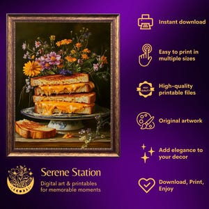 grilled cheese art,fun kitchen wall art,funny kitchen art,funny food art,bar cart art,moody kitchen art,moody food print,still life painting,kitchen flower art,cottagecore decor,fun kitchen posters,dark kitchen prints,food painting,whimsical wall art