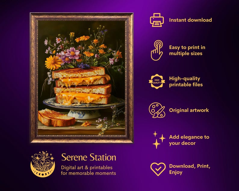 grilled cheese art,fun kitchen wall art,funny kitchen art,funny food art,bar cart art,moody kitchen art,moody food print,still life painting,kitchen flower art,cottagecore decor,fun kitchen posters,dark kitchen prints,food painting,whimsical wall art