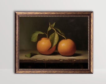 Clementine | Still Life Oil Painting, Kitchen Wall Art, Moody Citrus Fruit Print, Vintage Orange Tangerine Printable, French Country Decor