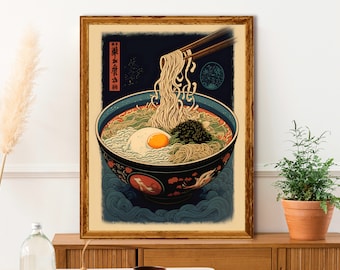 Japanese Ramen Bowl Printable Wall Art Print, Vintage Painting, Ramen Food Poster, Ukiyo e, Kitchen Wall Art, Noodles Art, Digital Download