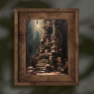 May include: A framed painting of a large pile of books stacked in a tower, resembling a building. The books are mostly brown and red, with some white pages visible. The painting is set in a dark, mysterious room with a light source coming from above.